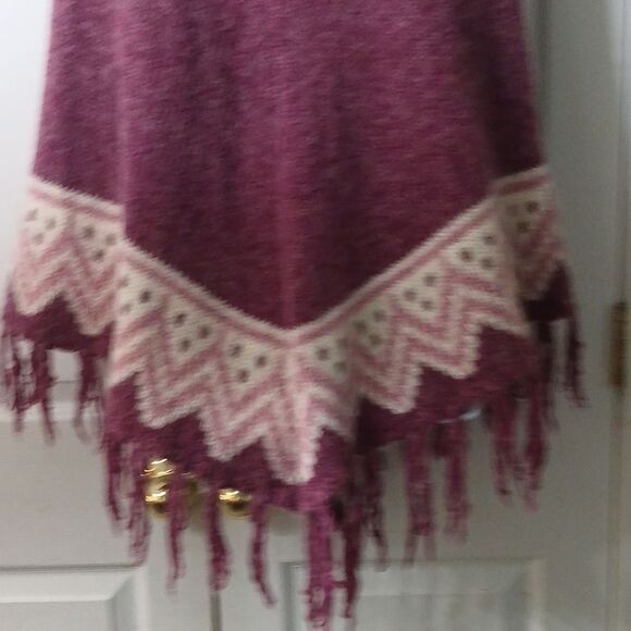 MAX STUDIO Mauve White Fringe Mohair Wool Acrylic Mix Hooded Poncho One Size - Picture 5 of 7
